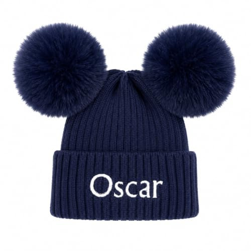 Lobeko Personalised Baby Hat, Double Faux Fur Poms, Knitted Beanie | 0–12 months, double faux fur poms, custom embroidered, soft warm beanie, knitted winter hat for baby boys and girls, cosy fit