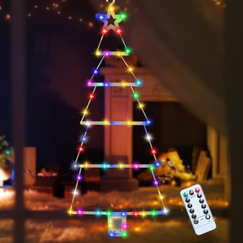 Lergas LED Weihnachtsbaumform Leiter Lichterkette, Weihnachtsbeleuchtung mit 8 Modi & Timer Fernbedienung, Hängend Weihnachtsbaumform Lichterkette Batteriebetrieben für Weihnachtsdeko (Bunte 87 cm)