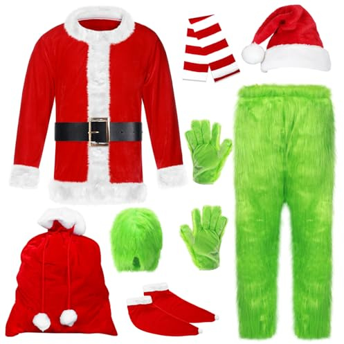 Suffolly Disfraz de Navidad Verde, Felpa Disfrazes Navidad Adulto, Disfraz de Monstruo Verde con Cinturón Guantes y Bolsos para Adultos Juego de 9 Unidades, Accesorios de Cosplay (M)