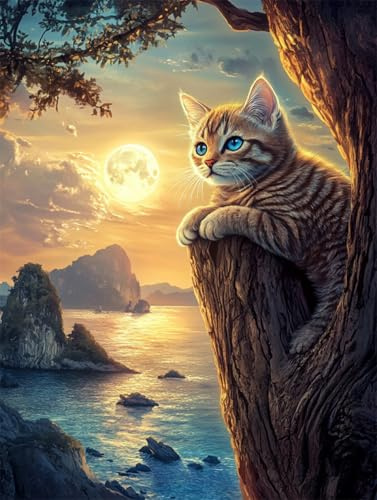 N.LANSHAN Diy-Teppich Knüpfstern Knüpfkissen-Set Mit Mondlandschaft，Süße Katze，Tier，Diy-Knüpfteppich-Set Für Anfänger，Unfertiger Häkelteppich，Stickteppich 80x115cm