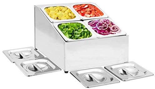 Cinyiqo Gastronorm Container Holder with 4 GN 1/6 Pan Stainless Steel Catering Gastronorm Pan Holder(Stainless steel,Dishwasher-safe component parts with lids)