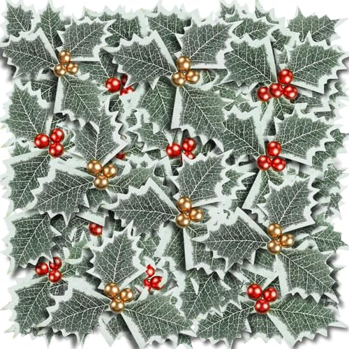 48 púas de bayas de acebo de Navidad con bolas doradas, bayas rojas y hojas de acebo artificiales, adornos de árbol de vacaciones, decoraciones de corona de invierno