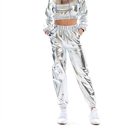 Damen Metallic Glänzend Jogger Holographische Farbe Streetwear Hosen Hip Hop Glatte Elastische Hosen Leggings Lederoptik Damen