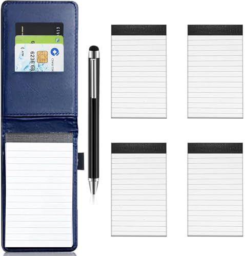 Cptoion 6 Stück Mini Notizblock Set, A7, Blau | PU Leder Notizbuch, 4 Ersatzblöcke, 1 Metall Stifte, Taschennotizblock for Aktivitäten im Freien