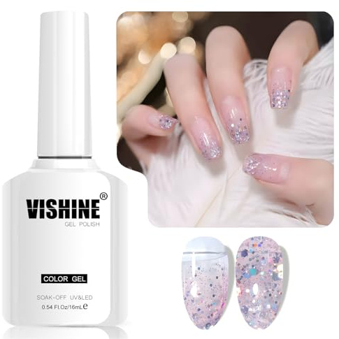 Vishine 16ml Vernis Gel Semi-Permanent Pailleté, Glitter Sparkle UV Gel, Effet Diamant Vernis à ongles gel pour Nail Art et DIY, Couleur L323 Holographic Fairy Dust