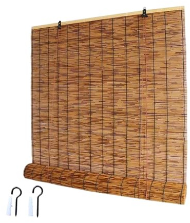 Zhixubah Natur Bambusrollo Retro Schilf Vorhang Wetterfest Aussen Bambus Rollo Jalousine 80-180cm Breit Lichtfilter-Rollo mit Lifter Sonnenschutz Vorhang Outdoor Anti-UV Rollläden für Fenster Balkon
