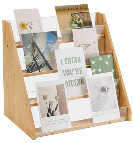 UNICRAFTALE 4-Tier Greeting Card Display Stands Bamboo Acrylic Display Case Postcard Rack Portable Sticker Display Stand Counter Retail Display Rack for Bookmark Counter Tabletop