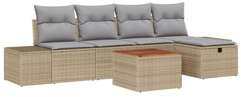 vidaXL Gartensofa-Set mit Kissen mit Speicher 6 pcs Beige Poly Rattan, Garten und Terrasse, Moderner Akazienholz Sofa-Set, UV-beständig, Bequeme Indoor-Outdoor Sitzgelegenheit, Modulares Design