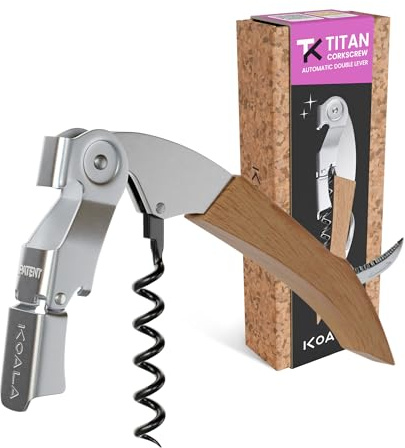 Cavatappi professionale a due tempi KOALA TITAN – Acciaio inossidabile, doppia leva brevettata, apribottiglie per vino sommelier robusto ed ergonomico. Finitura in legno