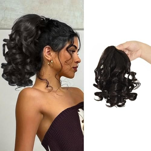 XFSRG Pferdeschwanz Haarteil Haarverlängerung 23 cm Kurze Lockige Gewellte Synthetische Ponytail Extension Natürlicher Haarschmuck für Damen (Dunkelbraun)