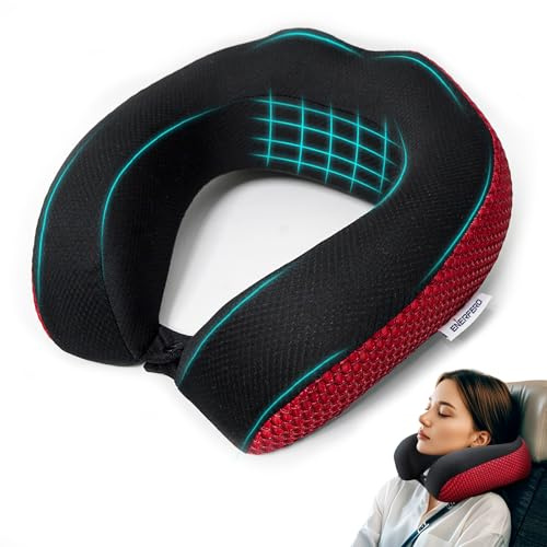 Enerfero Almohada Cervical de Viaje Oficina, avión, Tren o Coche. Almohada de Espuma viscoelástica con cordón Ajustable (Rojo, Malla)