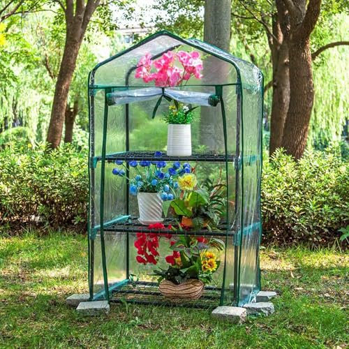 Anlehngewächshaus aus Aluminium, kompaktes Tomaten-Gartenhaus, begehbares 3-stöckiges Gewächshaus mit Stahlrahmen und PVC/PE-Abdeckung, Wintergarten für Gartenpflanzen, Regen- und frostsiche