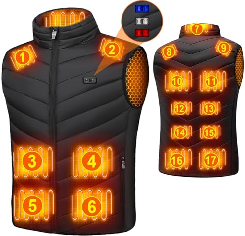 qoqidun Heated Gilet for Men Womens - Heated Vest with 17 Carbon Fibre Heating Pads and 3 Heat Settings, Ideal for Hiking, Motorcycle Riding & Outdoor Activities (Battery Pack Not Included) Large