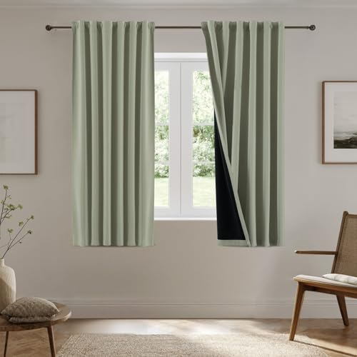 BellaHills 100% Thermovorhang Hitzeschutz Scheibengardine Blickdicht Verdunkelungsvorhang Tür Gardinen,Vorhänge Wohnzimmer Blackout Curtain, 2er Set H175 x B140 cm, Salbei Hell