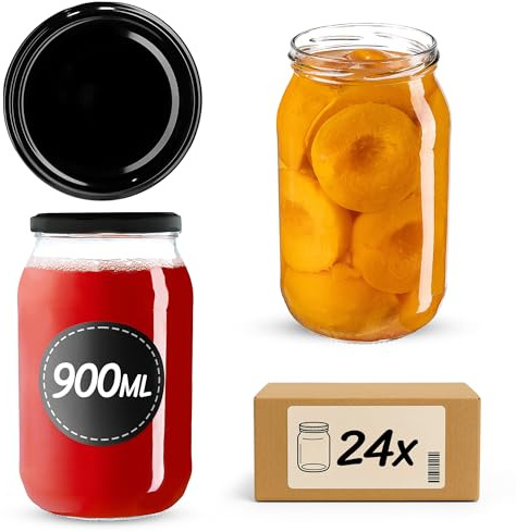 KADAX Lot de 24 grands bocaux en verre 900ml Ø82 – Couvercle Twist-Off hermétique TO82 – Pour conserves, cornichons, légumes fermentés & confitures maison