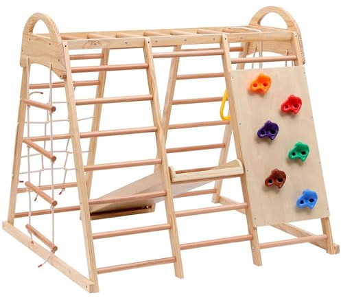 Estructura De Escalada De Madera 7 En 1 para Niños: Gran Parque Infantil Interior con Tobogán, Muro De Escalada, Barras De Mono Y Columpios para Sala De Estar, Terraza Y Sala De Juegos