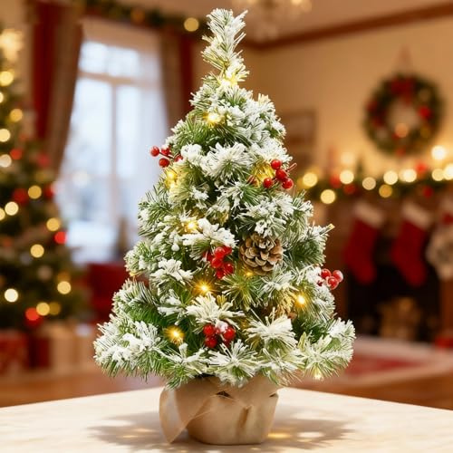 Künstlicher Weihnachtsbaum 55cm mit LED Lichterkette und Weihnachtsdeko, Mini Tannenbaum mit Schnee, roten Beeren und Tannenzapfen für Tischdeko und Weihnachtsdekoration Innen