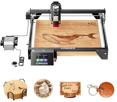 LONGER 5W Laser Gravierer und Schneider Maschine mit Luftunterstützungsset Farb Touchscreen 4in1 Offline Betrieb 10000 mm/min Gravur Geschwindigkeit für Holz Glas Acryl