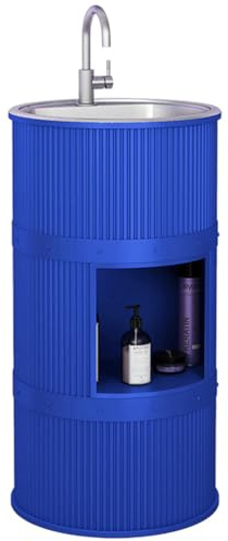 Fregadero de baño independiente moderno – Fregadero de pedestal azul de estilo industrial con lavabo cilíndrico de almacenamiento, unidad de pie sin espejo, perfecto para espacios contemporáneos