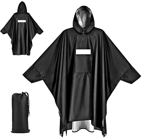Apritsce Poncho de Pluie pour Adulte, Veste Imperméable avec Capuche, Poches et Bandes Réfléchissantes, 3 en 1 Poncho de Pluie Léger Multifonctionnel pour Camping en Plein Air et Pêche (Noir)