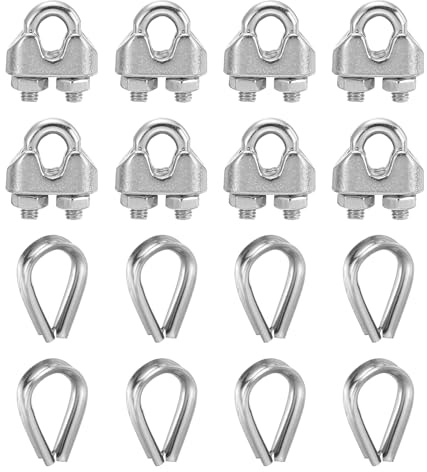 sourcing map Juego de 8 abrazaderas de clip de cable de cuerda de alambre de 1/8 pulgadas M3 pequeñas de acero inoxidable 304 con perno en U, accesorios con dedal para aparejos seguros, tendedero