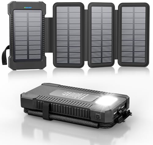 Batterie Externe Solaire avec 4 Panneaux Solaires, USB-C Chargeur Solaire à Charge Rapide pour Téléphones, Power Bank pour l'extérieur avec Lampe de Poche/SOS/Stroboscope (Noir)