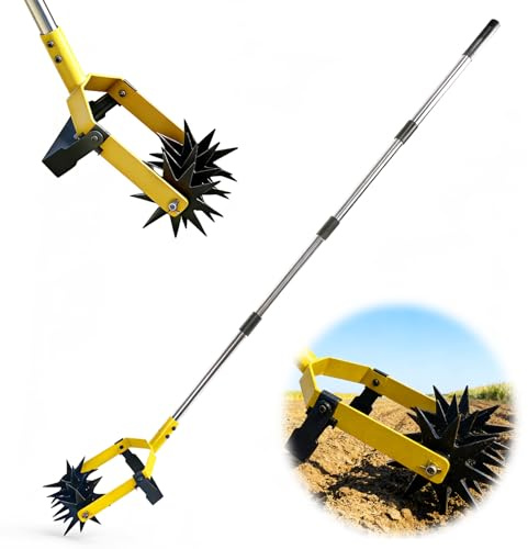 2-in-1 Garden Rotary Cultivator Tool Adjustable Handle Lawn Tools Hand Rotary Tiller for Loosening Soil and Lawn Care, Reseeding Grass, Weeder, Soil Mixing, Manual Yard Tiller