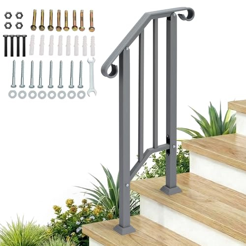 Outopee 1 Level Outdoor Handrail, Galvanized Iron Exterior Handrail, Fit 1 or 2 Steps Stair Railing, Banister with Installation Kit for Stairs, Garden, House Entrance, Backyard & Balcony, Sliver
