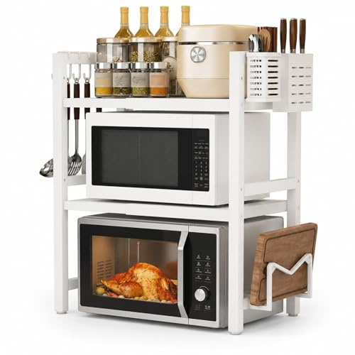 GOOGO 3 Tier Expandable Microwave Rack, 2 Shelves Adjustable Microwave Stand with 8 Hooks, Kitchen Counter Organiser for Worktops, Cupboards, Small Kitchens and Apartments (White)