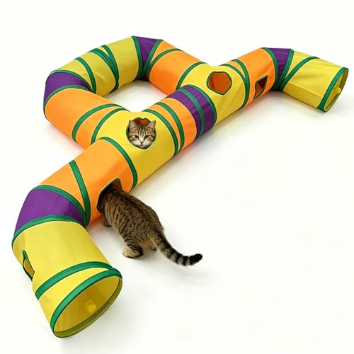Faltbarer Katzentunnel XXL 160x25cm, Katzenspielzeug Selbstbeschäftigung Katzentunnel mit 4 Hängenden Pompons & interaktiven Löchern, Groß Spieltunnel für Katzen, Katzen Tunnel für Outdoor/Innen