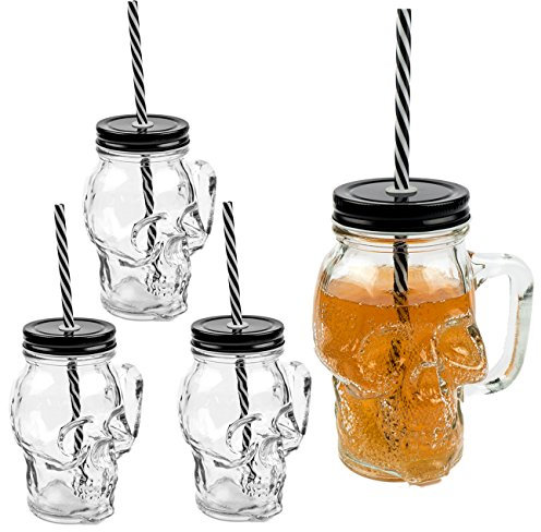 Sinoba 3D Totenkopf Glas Trinkglas mit Deckel und stabilem Strohhalm 500ml 4er-Set