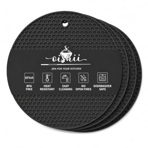 O-ishii 4er Set Topf Untersetzer aus Silikon - Runde Topflappen Hitzebeständig bis zu 230°C (Schwarz) | Silikon, 4er Set, rund, bis 230 Grad C, rutschfest, spülmaschinengeeignet, für Töpfe & Pfannen, Zuhause, Camping & Wohnmobil