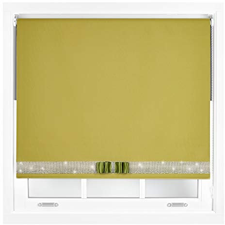 FURNISHED Diamante Blackout Blinds with Bow - Decorative Diamond Sparkle Design Roller Blind Green Cut to Size Up to 90W x 165L cm