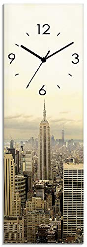 ARTLAND Wanddeko Wanduhr ohne Tickgeräusche Glas Quarzuhr 20x60 cm Rechteckig Lautlos New York Skyline Städte USA Amerika Manhattan Modern T1TO