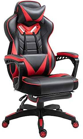 Vinsetto Ergonomischer Bürostuhl 65 x 70 x 118,5-128,5 cm Schwarz+Rot | Gaming Stuhl, Drehstuhl, Einziehbare Fußstütze, Verstellbarer Rücken, Schaumstoff+PU-Leder+Metall