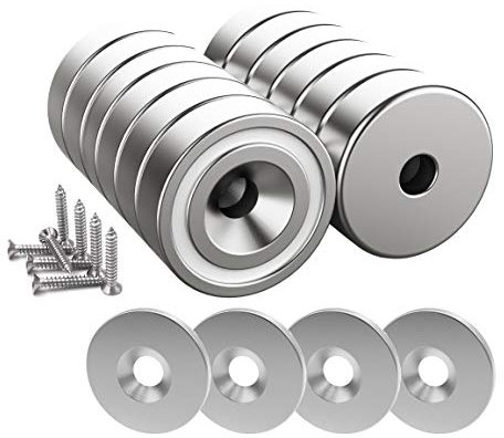 Magnetpro 12 pezzi magneti 10 KG forza 20 x 7 mm con foro e capsula, magnete al neodimio con base in acciaio svasato con viti e 12 cuscini in acciaio (Argento Brillante)