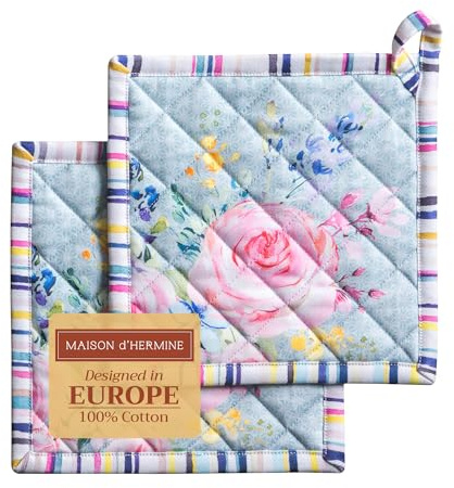 Maison d' Hermine Set di presine, 100% cotone, resistenti al calore, 20 cm x 20 cm, con anello per barbecue, maneggiare padelle calde, Primavera Estate (Sweet Rose Lavender - Lush, confezione da 2)
