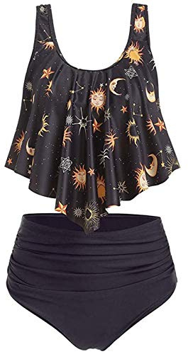 JMSUN Traje de baño tankini de cintura alta con volantes y sol y estrellas para mujer