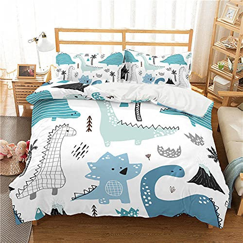 Funda Nordica Cama 90, Dinosaurio de Dibujos Animados Azul Estampada 3D, Hipoalergénico Juego de Cama 135x200 cm, 1 Funda Edredon + 2 Fundas de Almohada 50x75 cm (Cierre de Cremallera)