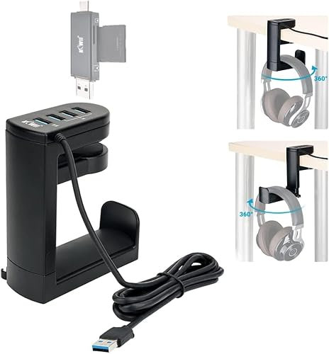 Soporte para auriculares 2 en 1, soporte para gancho para auriculares para escritorio, 4 puertos USB 3.0 2.0 organizador de estación de concentrador de datos, color negro
