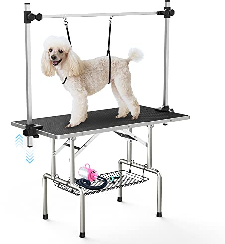 Lyromix 36''Large Dog Grooming Table, Adjustable Cat Drying Desktop with Arms, Nooses, Mesh Tray, Foldable Pet Station at Home, Maximum Capacity Up to 330Lb, 36inch, Black
