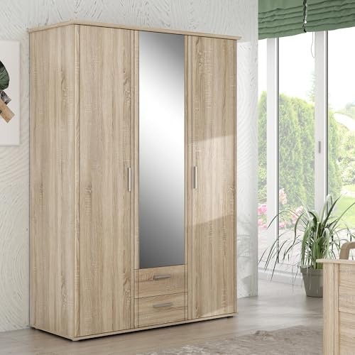 Forte Gloria Kleiderschrank 140, moderner Drehtürenschrank, 3-türig, 2 Schubladen, Schlafzimmer, Sonoma Eiche Holzdekor, 139,2 cm breit x 200,8 cm hoch x 59,6 cm tief