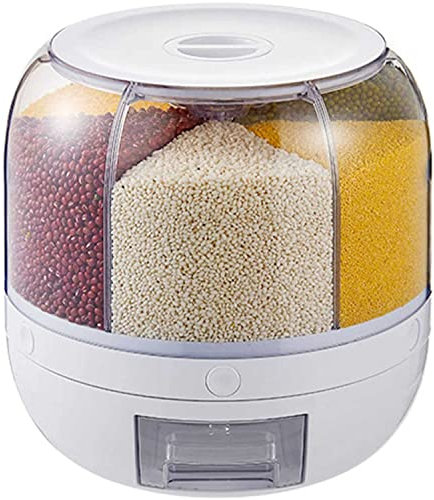 TMXKOOK Reisspender mit 6 Gittern, drehbarer Getreidevorratsbehlter, Ausgabe mit einem klick, sichtbarer und runder Reiseimer fr Getreide, Snacks, Sigkeiten, Kaffeebohnen, Hundefutter