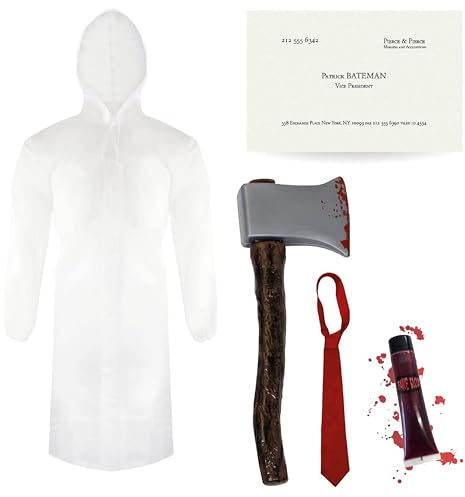 Costume de psycho pour adultes – Standard – Imperméable transparent, cravate rouge, fausse hache, carte de visite et faux sang – Déguisement d'Halloween pour homme