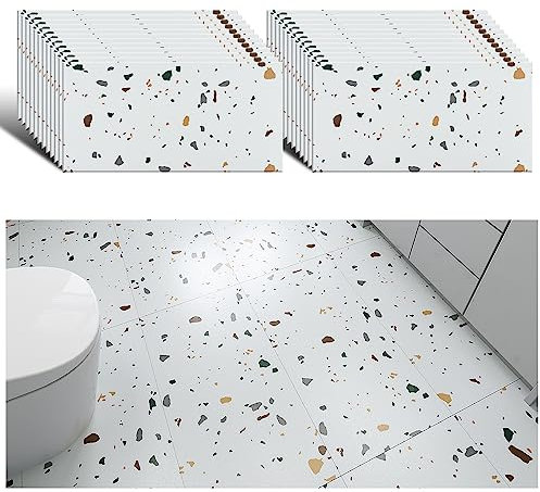 VEELIKE Vinylboden Selbstklebend Fliesen Granit Weiß PVC Bodenbelag Küche Klebefliesen Bad Boden Fliesenaufkleber Bodenfliesen Schlafzimmer PVC Boden Marmor Fußbodenbelag 1.5mm 60cm×30cm 24 Stück