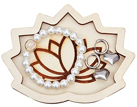 GORGECRAFT Navajo Bandeja de Cristal de Loto Blanco, Soporte de Bandeja de Madera, Bandeja Decorativa de Flores con Bordes Festoneados, Organizador de Platos para Madera, Piedras Preciosas