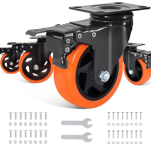 BAOLIHUI Ruedas para Muebles de 100mm Naranja para Trabajo Pesado con Freno y Tornillos - Set de 4 Ruedas Pivotantes de Carga Pesada - Ruedas Industriales de Placa - Soportan hasta 600KG