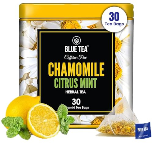 BLUE TEA - Chamomile Citrus Mint Flower Based Tea - 30 Plant-based Tea Bags | CALM TEA | Caffeine-Free | Chamomile, Lemon peel, Peppermint, Spearmint | Eco-Conscious Tin Packaging