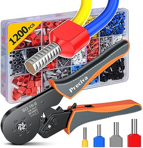 Dual Pince a Sertir, Sertisseuse Electrique Hexagonal 0.08-16mm², Outil de Sertissage à Cliquet Auto-Adjuvantable Preciva, 1200pcs Terminaux