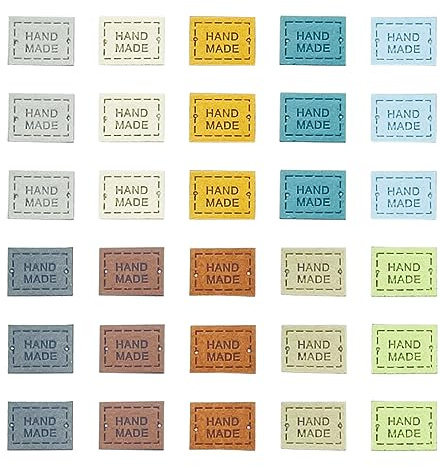 Juland 100 Stück Handmade Kunst Leder Labels Etiketten Tags PU Kleidung Tasche Näharbeit DIY Kleideretiketten Rechteck Nähen Webetiketten Lederlabel Schilder Aufnäher Handarbeit – 1.5x2cm- 10 Farben